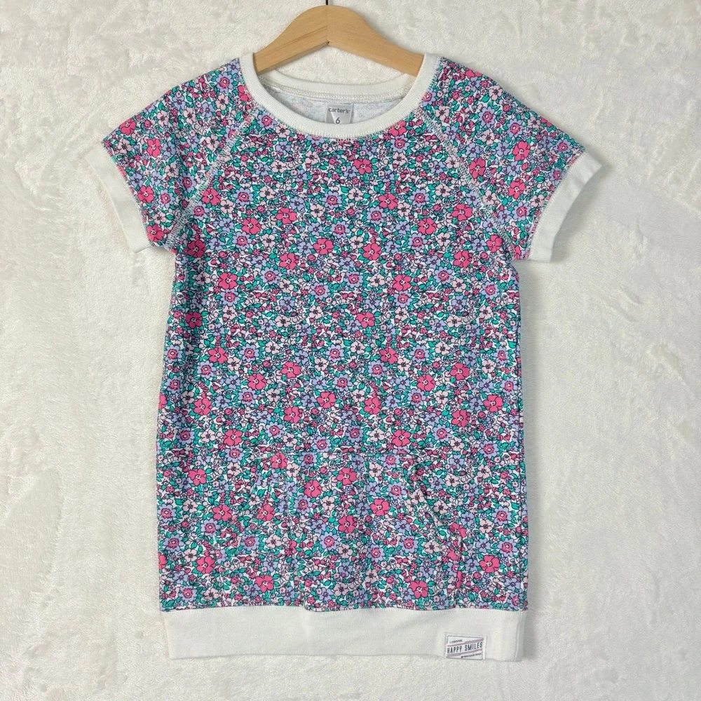 Carter's Floral Sweatshirt Dress Kids 6 Multicolor Excellent French Terry Raglan